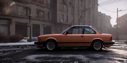 an abandoned 1990 bmw 2-door 4k ,ultra realistic,concept, 4k ,on street, parked in crowded city winter,8k resolution, high-quality, fine-detail