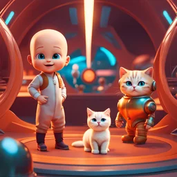 (masterpiece, best quality, 8k, RAW photo, beautiful and aesthetic:1.2), complex detail, Indirect light, photorealistic, (((full body))), 2 Cosmic Boss Baby style bald boy and girl smiling, long curved blonde hair , with a ginger cat companion, colorfull Sci-Fi environment