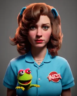 Portrait, waitress woman with monster muppet mask that covers her entire head, retro style, Sesame Street style, blue, smooth, unreal engine 5, god lights, ray tracing, RTX, lumen lighting, ultra detail, volumetric lighting, 3d.