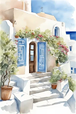 A distant view of an entrance of a Greek taverna in Santorini and surrounding houses . Watercolor art with ink outline, white bleed around image