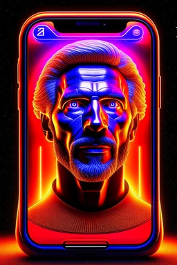 a 3d male face coming out of a realistic iphone 14 screen, inspired by Tim Hildebrandt, futuristic, glowing, sci-fi digital art illustration, stefan koidl inspired