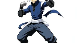 Satoru Gojo is a young tough guy white hair blue eyes black turtleneck without arms white loose pants in a defensive pose