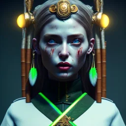 Irish woman, rounded face, blood, black, flower, green, samurai helmet, decorative color feathers, retro, bamboo, leather, soft color, highly detailed, art stations, concept art, smooth, unreal engine 5, god rays, ray tracing, RTX, lumen lighting, ultra detail, volumetric lighting, 3d, finely drawn, high definition, high resolution.