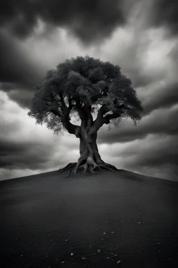 conceptual photo, art photo, illusion, fine arts, death, dark cloudy sky, surrealism, black and white, single tree, chestnut tree