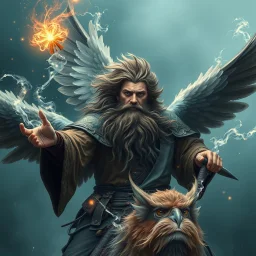 air is charged with magic around a bird rider with wings and beard and hair is full of feathers