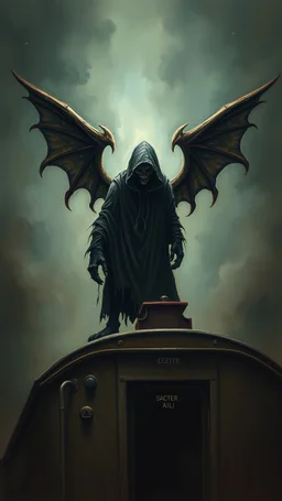 A scary hooded creature standing on a top of a train in painting style of Bosch nightmares