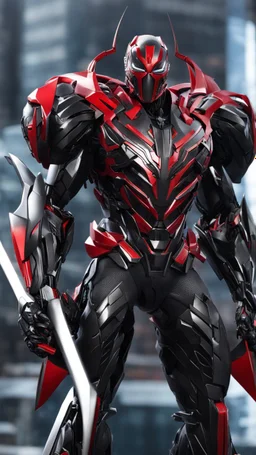 A close picture to Mix between transformers and spider venom symbiote in dreamshaper finetuned model with dynamic art style witg with red details detailsis in fantasy world