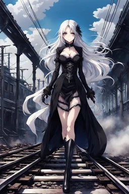 a captivating gothic anime girl, her ethereal beauty accentuated by porcelain skin and vibrant blue eyes. She stands firmly on a train track, legs wide apart, hands on hips, wearing a sleek black dress with lace details and a gun holstered on her thigh. Her flowing white hair billows in the wind as the smoky background portrays a chaotic scene of crumbling buildings and raging flames, emphasizing the imminent arrival of the train.