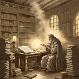 a stooped medieval genius in his study, sun rays, mist forming phantoms, by artist "Ingrid Umber",by artist "Sienna Lamberts"