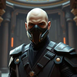 bald male corellian jedi wearing gunmetal grey and black old republic armored flightsuit and breath mask with gold and metallic red trim inside the jedi temple, centered head and shoulders portrait, hyperdetailed, dynamic lighting, hyperdetailed background, 8k resolution, volumetric lighting, light skin, fully symmetric details