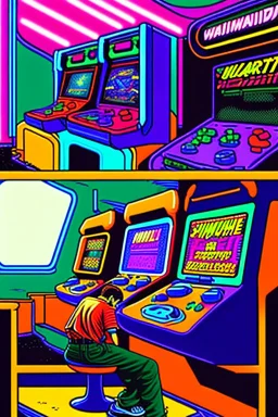 a millineal teenage boy is playing video arcade games, bright colored clothes from the 90s, hairstyles of that time