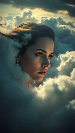 A beautiful eyes of a woman’s with a long earring and white pearls necklace above swirling clouds, emerges from the heart of a raging storm. Turbulent winds of steam swirl around the louds lit by shafts of sunlight that cast dramatic shadows on the A beautiful woman High quality 16k cinematic scene and great photography