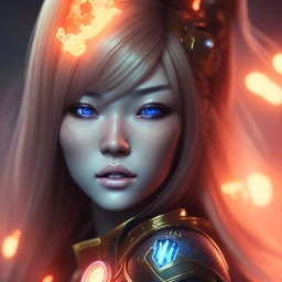 portrait,hitomi tanaka, flame hair, realistic, intriacte detail, sci-fi fantasy style, volumetric lighting, particales,highly detailed,cinamatic, deep colours,8k