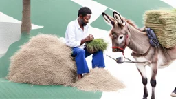 A man sitting on donkey and putting bunch of grass on his head