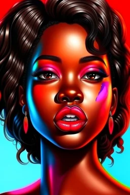 Realistic Black Girl's Face with Lipstick, Farapopier, Beautiful Hairstyle (Front-Facing Camera Position) with Colorful Background