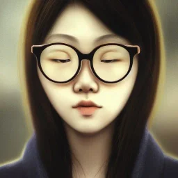 close up portrait of Korean gamer girl seting with hand on the Chen and round glasses on her face , brown hair , white headfone ,fine detail, highly intricate, modern surrealism painting, defined cracks and breaks, high-quality, volumetric lighting, 8k, ultrahd, George Grie, Marco Escobedo, Igor Morski,Brian Froud, Howard Lyon, Selina French,