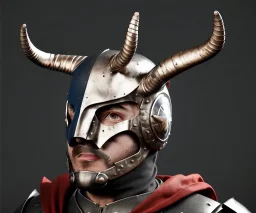 Superhero, bullseye mask, horns, cape, viking shield, jellyfishsombrero, metal, steel hands, strong, chest plate, gloves, pauldrons, pressurized boots, radium, sleeved, muscular, mustache