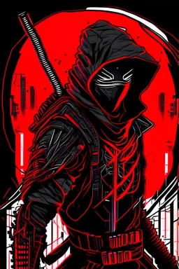 dibujo de contorno de un Ninja negro y rojo con traje cyberpunk