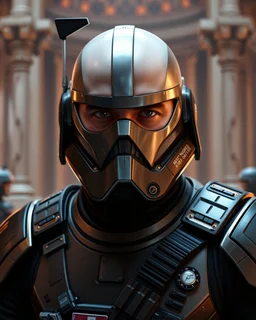 star wars bald male corellian pilot wearing pearlescent black and gunmetal grey First Order special forces heavy assault stealth commando armor and helmet with gold and metallic red trim inside the jedi temple, hyperdetailed, dynamic lighting, hyperdetailed background, 8k resolution, volumetric lighting, light skin, fully symmetric details