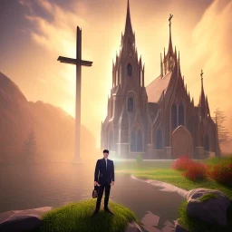 A handsome npc standing in front of a church, futuristic design, a paradise in background