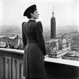 The famous photo of Marina Ginestà, taken by Juan Guzmán on July 21, 1936, captures a striking moment during the early days of the Spanish Civil War. In the image, Ginestà stands confidently atop the Hotel Colón in Barcelona, a backdrop of the city visible behind her. She is dressed in a stylish military outfit, a symbol of her involvement in the anarchist movement. Her posture is assertive, with one hand resting on a wall and the other holding a rifle, embodying both strength and defiance.