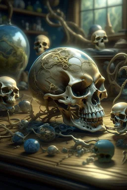 Bosch nightmares paint if style Title: skulls, spiders eyeglass earth globe model, human bones, "Bees, farm, snakes " Tuttle snakes, intricate insanely , scorpions ,detailed octane render trending on artstation, 8k artistic photography, photorealistic concept art, soft natural volumetric cinematic perfect light, chiaroscuro, award-winning photograph, masterpiece, oil on canvas, Raphael, Caravaggio, Greg Rutkowski, people, beksinski, Giger