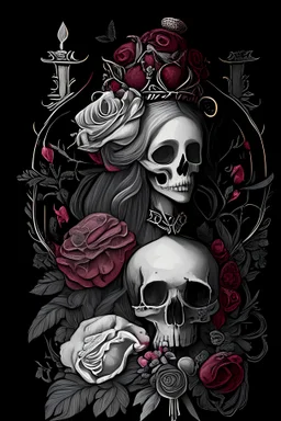 sketch of baroque and flowers and skull all around and dark and woman and blood and interiors flesh, no contrast, soft, no borders
