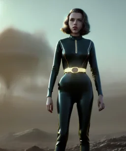 retro sci-fi portrait image from 1960, supermarket parking explosion, young Scarlett Johansson, classic black tight lycra latex suit, gold bracelet and belt, soft color, highly detailed, unreal engine 5, ray tracing, RTX, lumen lighting, ultra detail, volumetric lighting, 3d, finely drawn, high definition, high resolution.