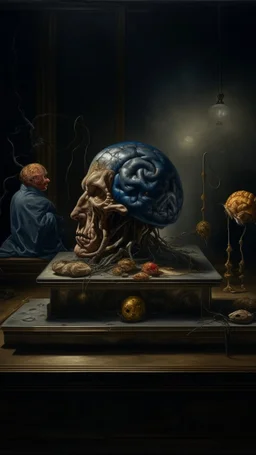 Bosch nightmares paining style Title:a digital weight scale on it a human brain , 8k artistic photography, photorealistic concept art, soft natural volumetric cinematic perfect light, chiaroscuro, award-winning photograph, masterpiece, oil on canvas, Raphael, Caravaggio, Greg Rutkowski, people, beksinski, Giger