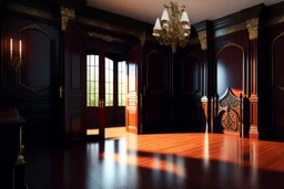 Picture of a study with mahogany panelled walls, a large heavy door and a large darkwood desk, photorealistic, dark fantasy, 4k