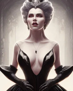 old evil queen in black leather gown, femme fatale, volouptous, busty, cleavage, angry, emperious, 8k resolution concept art portrait by Greg Rutkowski,