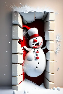 3d Christmas snowman, breaking out through a wall, plaster texture, white and red, 3d background