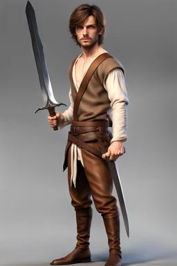 wide fantasy young noble swordman short brown hair photorealistic