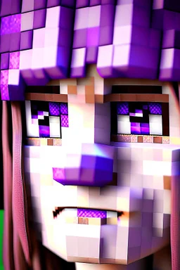 a close-up portrait of a purple Minecraft face, girl, 3d, large pixel style