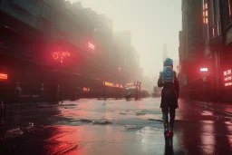 3D, beautiful, light reflecting, empty city at night, rainy night, neon, cyberpunk, person with helmet walking