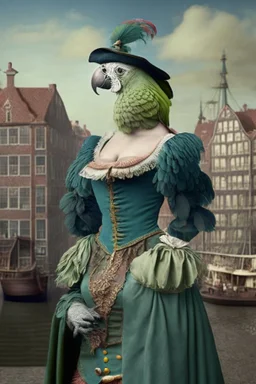 Female Half parrot half human in a 1700s outfit next to a Dutch city