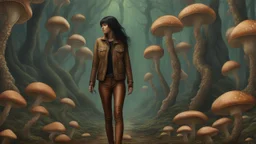 woman with black hair, in light brown leather trousers and jacket, walking through a forest of Alien mushrooms with jellyfish tentacles, photorealistic, Deep Colour, Intricate Detail, Keith Parkinson