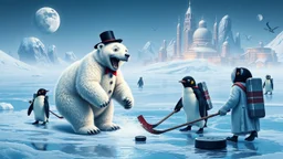 Charlie Chaplin as two unstable constable polar growlar bear on the planet of Ceres, with some penguins with rocket backpacks smacking large pucks so we can see its trail, and playing hockey on frozen lake with astronauts, in front of ice megapolis