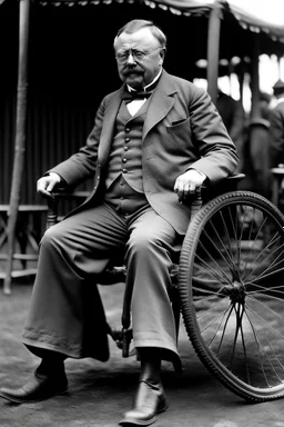 President Theodore Roosevelt pictured in a wheel chair with no legs and a third arm shaped like an atomic bomb