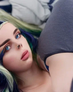 Billie Eilish, full body, on the bed, in my underwear, pale skin, high detail, realistic, 8k, not to be distinguished from a photo, identical pupils