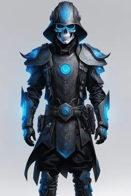 Someone wears a black Changshan costume and skull helmet , full cover face, black and blue color, cyberpunk drawing style, neon, full body, intricate details, highly detailed, high details, detailed portrait, masterpiece,ultra detailed, ultra quality