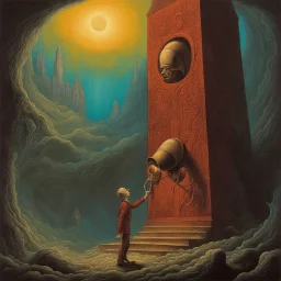 unringing the bell paradox, neo surrealism, by Gerald Scarfe, by Zdzislaw Beksinski, fantastical lovecraftian, alcohol oil painting, glowing colors.