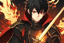 um garoto de anime aparência 16 anos na era medieval um cabelo preto olho esquerdo ,olho direito vermelho com uma espada preta e poderes de fogo usando uma capa preta e uma roupa preta com detalhes vermelhos