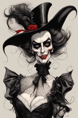 create a full body, seductive, female goth vampire with highly detailed and refined facial features, clothed in Victorian dress and fishnet stockings, in the caricature cartoon style of Gerald Scarfe and Ralph Steadman, precisely drawn, boldly inked, vividly colored, 4k