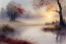 Sunrise on a misty morning. over a misty pond in the hieght of fall.Watercolour by Alison Brady. Pastel colours Arthur Rackham Gothic Watercolour Jean-Baptiste Monge Ernst Haeckel Minimalist Kay Sage watercolour art