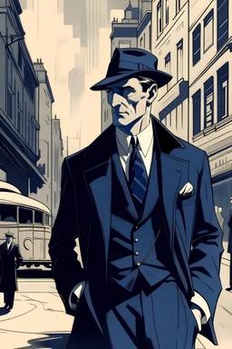 Illustration of a gentleman in 1930s classic navy suit in city settings,in the style of Laurence Fellows
