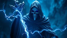 Grim Reaper, volumetric lighting, particales,highly detailed, deep colours,8k, blue, casting a lighting spell