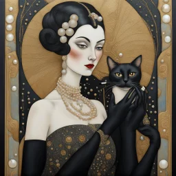 Mixed media, a tall beautiful woman with the head of a Siamese cat, wearing a black dress with pearls and long black gloves, she is holding a cigarette in a cigarette holder, background in the style of art deco Klimt, George Barbier, 3d, Bas relief, encaustic, gold leaf accents.