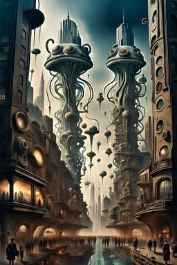 a stunningly weird image of a futuristic metropolis using Salvador Dali's paranoiac-critical method, where buildings and structures appear to melt into the skyline cityscape is filled with floating medusas and mad, twisted metal shapes that interact with the buildings and each other, forming a surreal tableau of a dreamlike reality. neu-steampunk vibe, essence of the scene in a cinematic manner, with dramatic shadows that enhance the distorted perspectives and bizarre mood