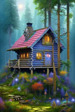 mystical forest, wooden cabin, fine detail, Neo-Impressionism, mystical, purple blue yellow silver teal black olive azurek, red, pink, brown, sharp focus,